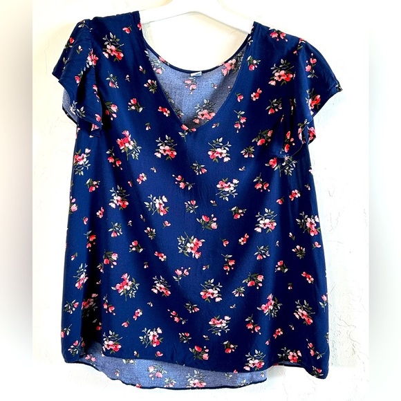 Old Navy Tops - Old Navy V Neck Ruffle Sleeves Floral Navy Boho Women’s Blouse Sz XXL